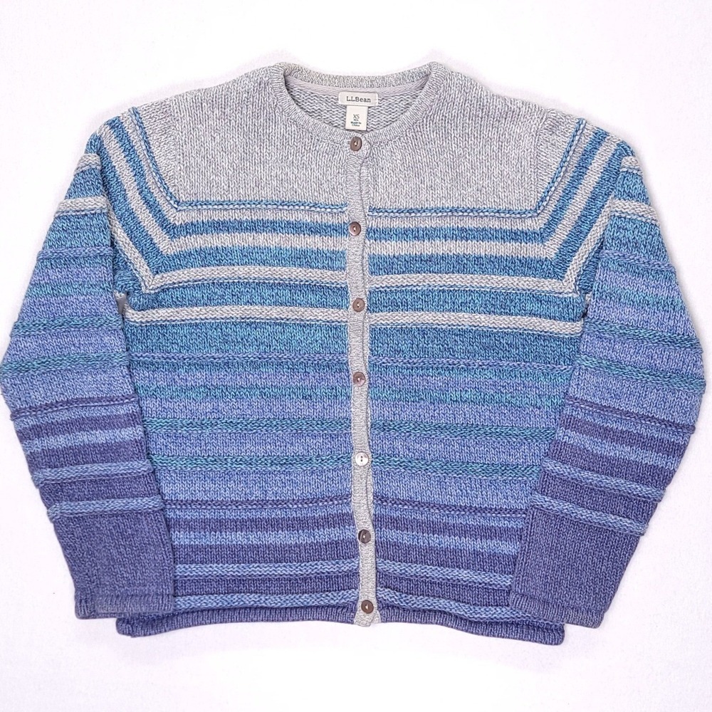 LL Bean Women's Striped Cardigan Sweater Blue Ombre Button Front Knit XS